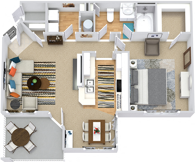 Floor plan for 1 bed, 1 bath, 733 sqft